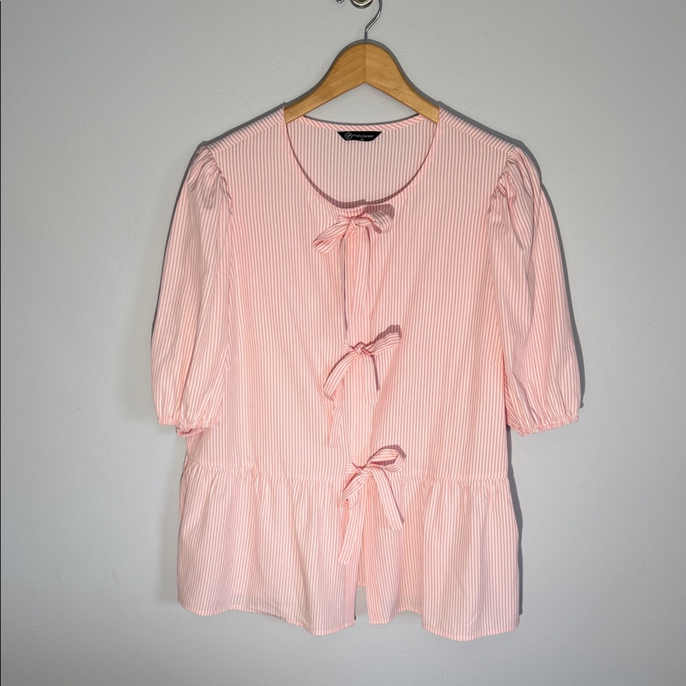 Pretty Garden Pink Bow Blouse XL Button-Up Feminine Chic Top
